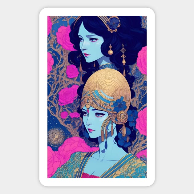 Girl with blue skin surrounded by flowers Sticker by Aresshya